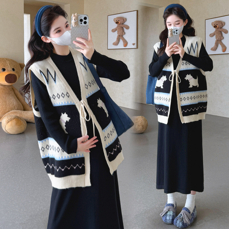 孕妇装秋冬款2025新款套装时尚加厚连衣裙冬季马甲外套上衣两件套 - 图1