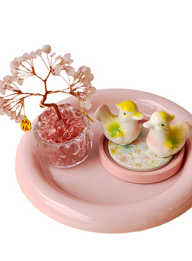 天然水晶陶瓷鸳鸯摆件一对