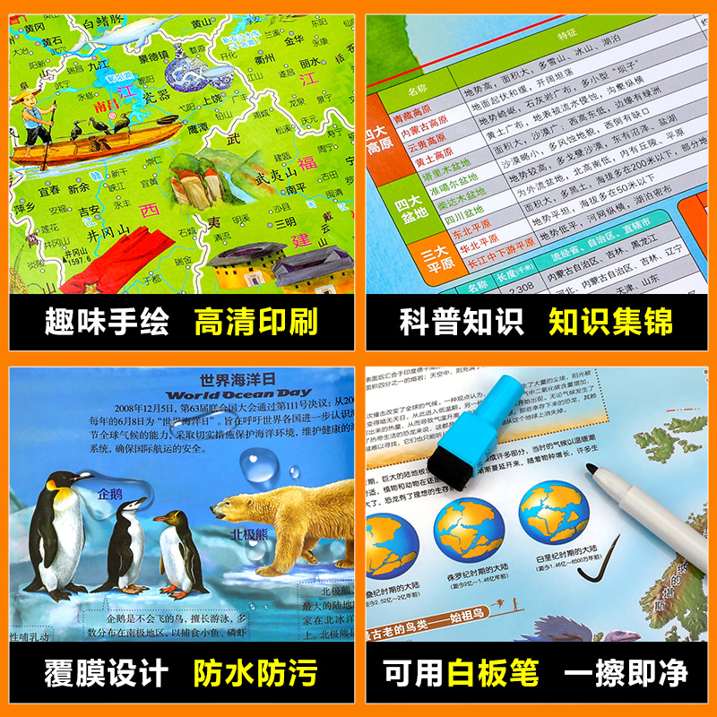 2021新版全套4张中国地图+世界地图+海洋地图+恐龙地图(经典版）儿童版中小学专用地理百科知识挂图墙贴大尺寸高清墙面装饰北斗-图2