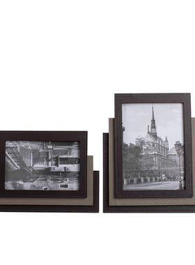 现代简约轻奢欧式黑色双层皮革马毛相框样板间书房卧室电视柜摆件