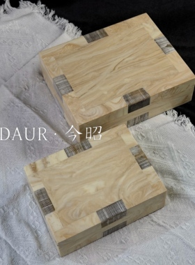 印度进口装饰盒浅米色天然牛骨镶嵌首饰收纳盒轻奢样板间软装摆件