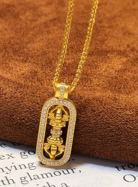 古法金转动款金刚杵项链 女纯银镀18K黄金色镶钻锁骨链新中式复古