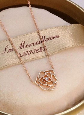 柏爵花镂空玫瑰花项链女纯银玫瑰金镶钻花朵吊坠锁骨链简约精致潮