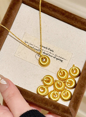 复古圆形小金沱拉丝项链 女纯银镀18K黄金色圆圈锁骨链设计百搭潮