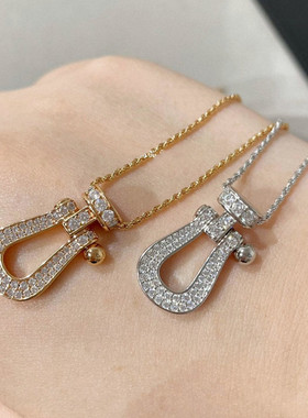 大号竖版马蹄扣项链 女纯银玫瑰金黄金色满钻U形麻花链锁骨链高级