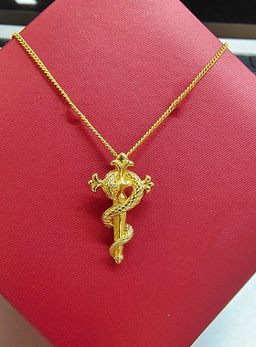 权杖灵蛇项链女纯银镀黄金色本命缠绕十字架蛇年锁骨链新中式国风