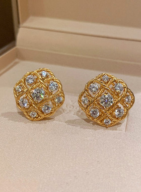 法式菱形镂空雕花蕾丝耳钉女纯银镀黄金色镶钻方形耳环复古高级潮