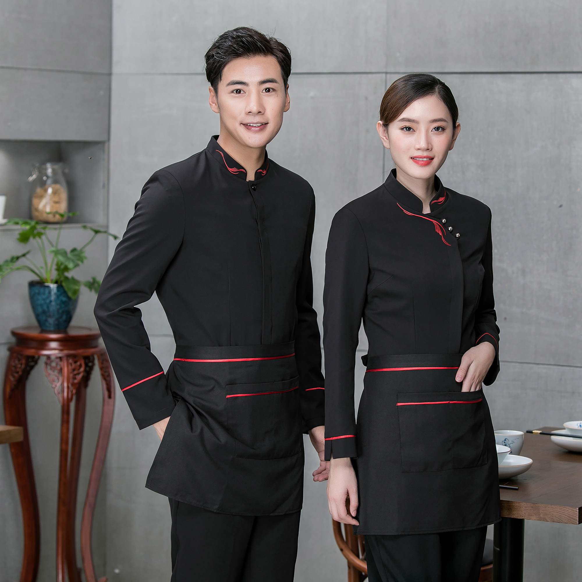京莱高档酒店服务员工作服男女长袖秋冬时尚火锅饭店餐饮服装印字