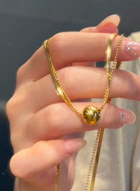 钛钢项链蛇骨小圆球双层项链女镀18k金轻奢高级锁骨链不褪色饰品