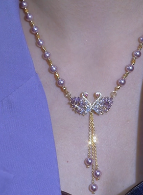 紫锆石天鹅珍珠吊坠项链女高级感轻奢小众配饰2026新款独特锁骨链