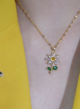 钛钢满锆花朵轻奢气质锆石锁骨链小巧ins网红复古钛钢项链女