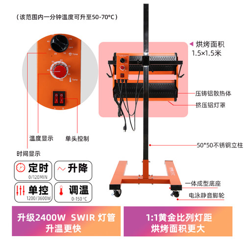 汽车喷漆烤漆灯大功率移动短波红外线烤漆灯烤房钣金油漆烤灯高温-图2