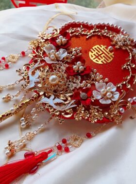 新娘结婚红金中式双面双圈团扇diy材料包龙凤秀禾服手捧出嫁喜扇