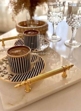 镀金漆边天然大理石艺术家居餐桌软装椭圆方形摆件装饰工艺品盘子