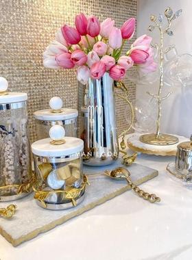 现代创意轻奢金色把手托盘家居客厅蛋糕甜点餐盘子摆件装饰工艺品