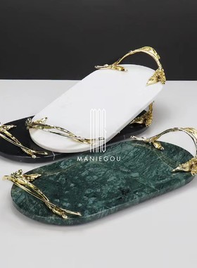 现代软装天然大理石简约家居餐桌厅托盘椭圆形装饰盘样板间工艺品