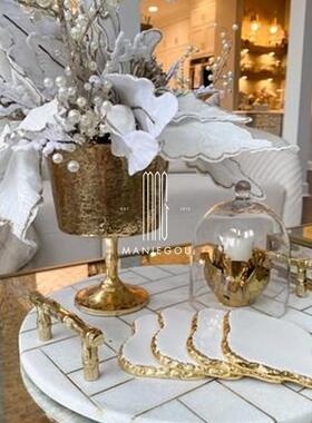 创意天然大理石金属描金杯垫家居客厅蛋糕餐托盘子摆件装饰工艺品