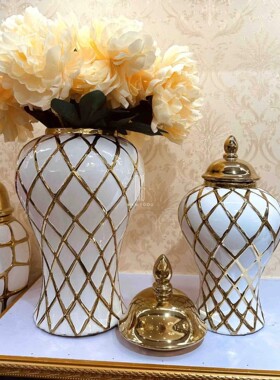 出口欧式网格陶瓷白色将军罐大花瓶家居客厅餐桌厅摆件装饰工艺品