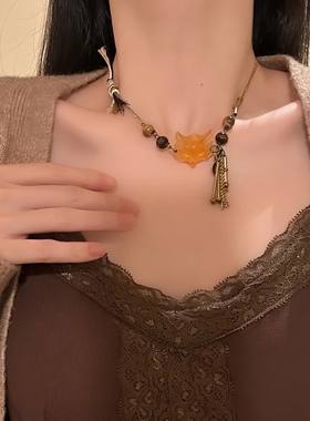 山沐手作「玉面丘狐」新中式复古狐狸面具项链女款古风个性锁骨链