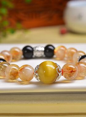 原创设计天然黄水晶圆珠加黑曜石手链10 m加金虎眼顶珠超级美货