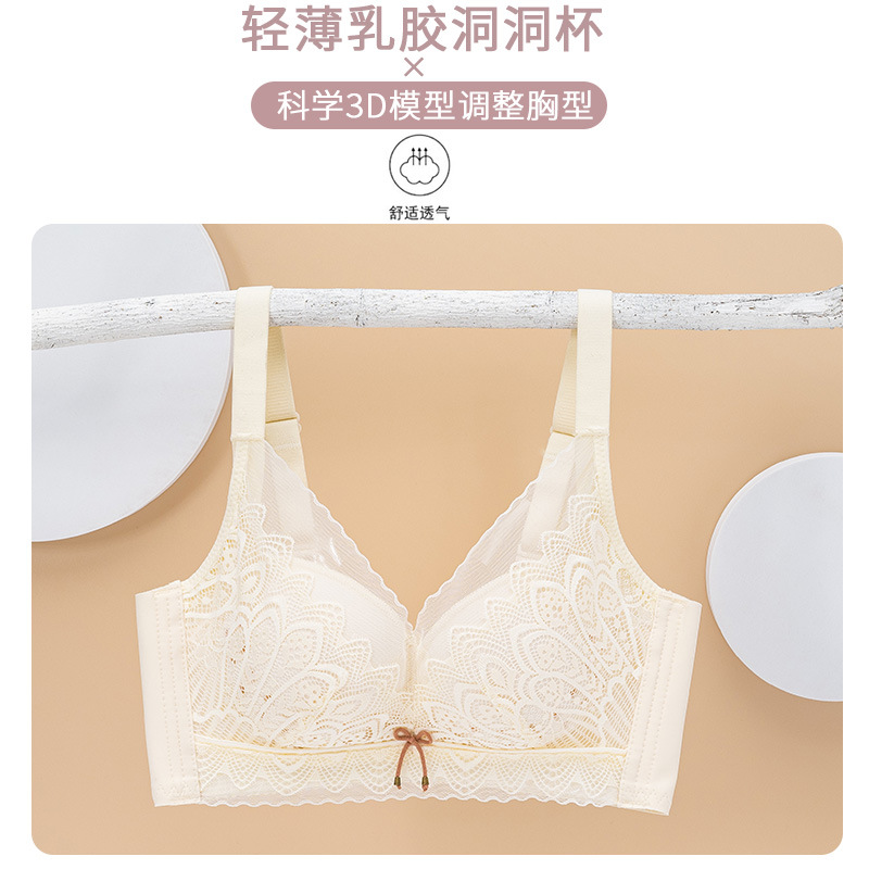 无钢圈内衣薄款洞洞杯乳弹棉胸罩性感上托蕾丝聚拢调整型女士文胸 - 图0
