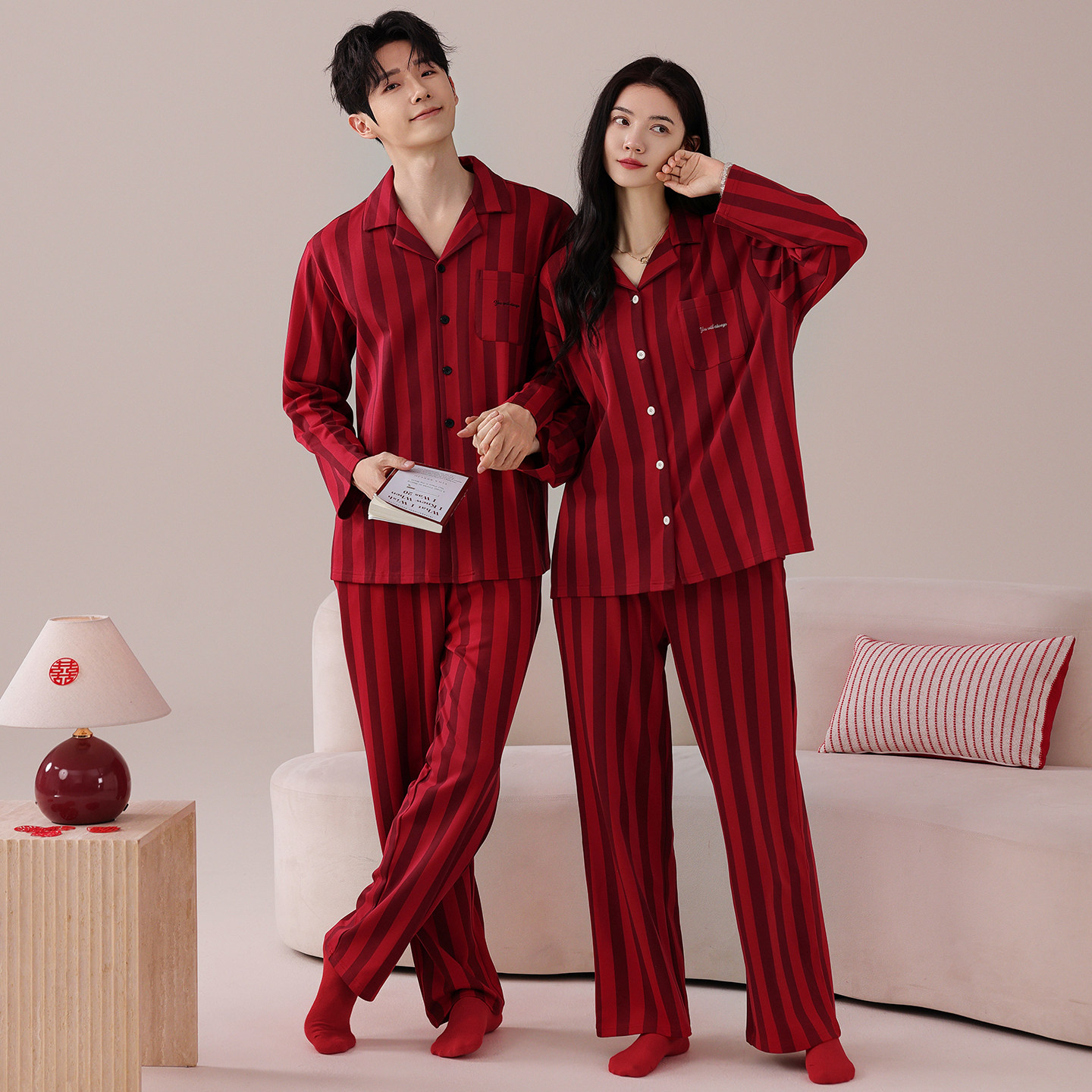 芬腾情侣睡衣春秋纯棉长袖套装男红色本命年结婚新婚大码家居服女,淘宝优惠券,粉丝福利购,淘宝优惠卷