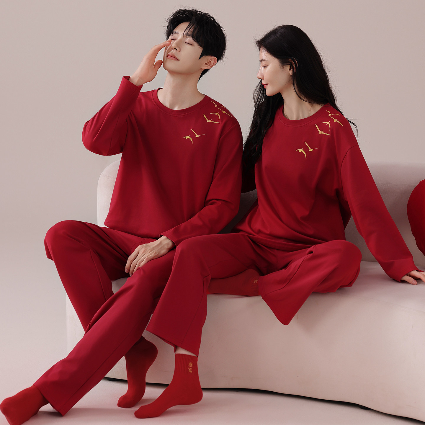 芬腾情侣睡衣春秋纯棉长袖套装男红色本命年结婚新婚大码家居服女,淘宝优惠券,粉丝福利购,淘宝优惠卷