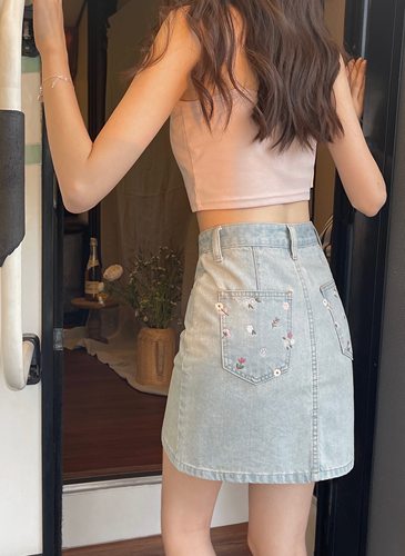 jmwomen浅色碎花高腰包臀a字牛仔短裙女夏季日系显瘦半身裙裙子 - 图2