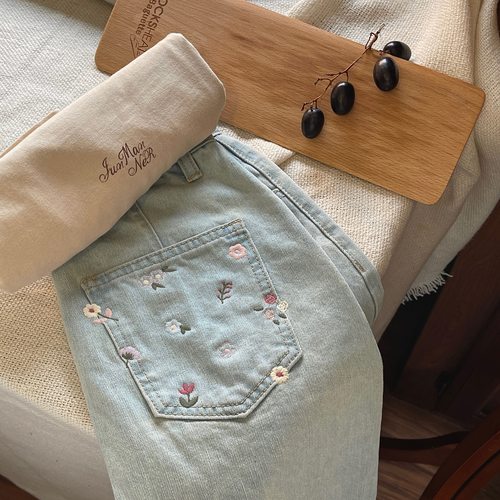 jmwomen浅色碎花高腰包臀a字牛仔短裙女夏季日系显瘦半身裙裙子 - 图0