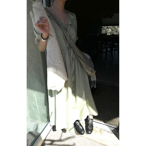 JMWOMEN〔贝绿橘〕莱赛尔亚麻复古绿荷叶领连衣裙女夏季慵懒长裙 - 图1