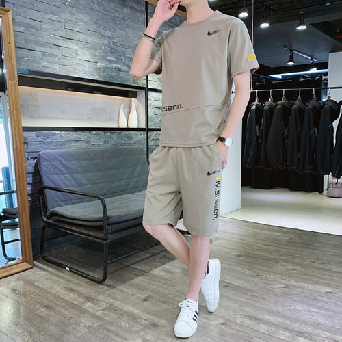 耐克顿休闲套装男士夏季新款潮流冰丝T恤搭配长裤宽松帅气两件套 - 图2