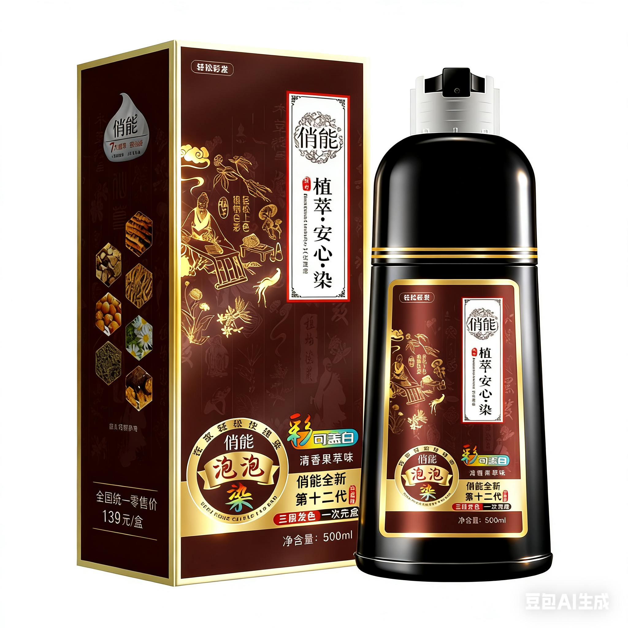  俏能植萃安心染盖白染发剂泡泡染遮白发专用植物染发膏500ml,淘宝优惠券,粉丝福利购,淘宝优惠卷