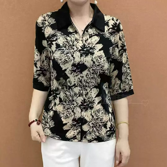 2025 new fashionable middle-aged mother's floral shirt, casual lapel, versatile, slim-fitting, printed mid-sleeve top