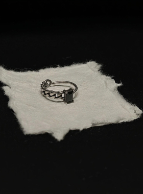 XSquare银镶黑锆石简约复古做旧链条中性不对称戒指开口小众设计