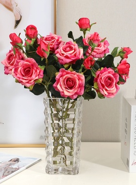 轻奢ins2头湿感玫瑰花仿真花束酒店家居客厅卧室装饰品假花摆件