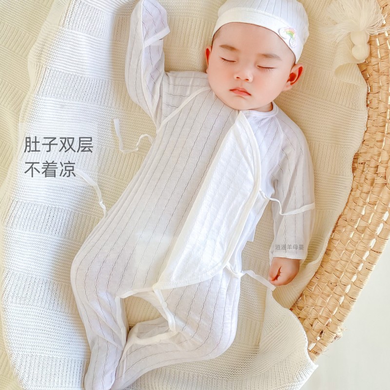 新生婴儿衣服薄夏0-4个月3婴儿系带连袜哈衣和尚服纯棉包脚手连体 - 图0