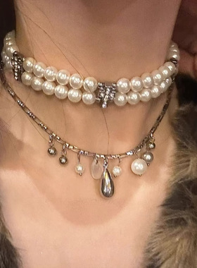 原创设计珍珠十字架项链无序佩戴基础珍珠项链choker短款锁骨链