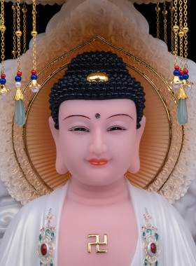 康盛佛缘汉白玉娑婆三圣佛像摆件