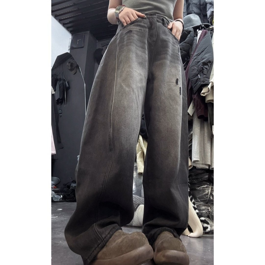 做旧破洞设计弯刀牛仔裤2025年冬季新款加绒显瘦窄版阔腿裤,淘宝优惠券,粉丝福利购,淘宝优惠卷