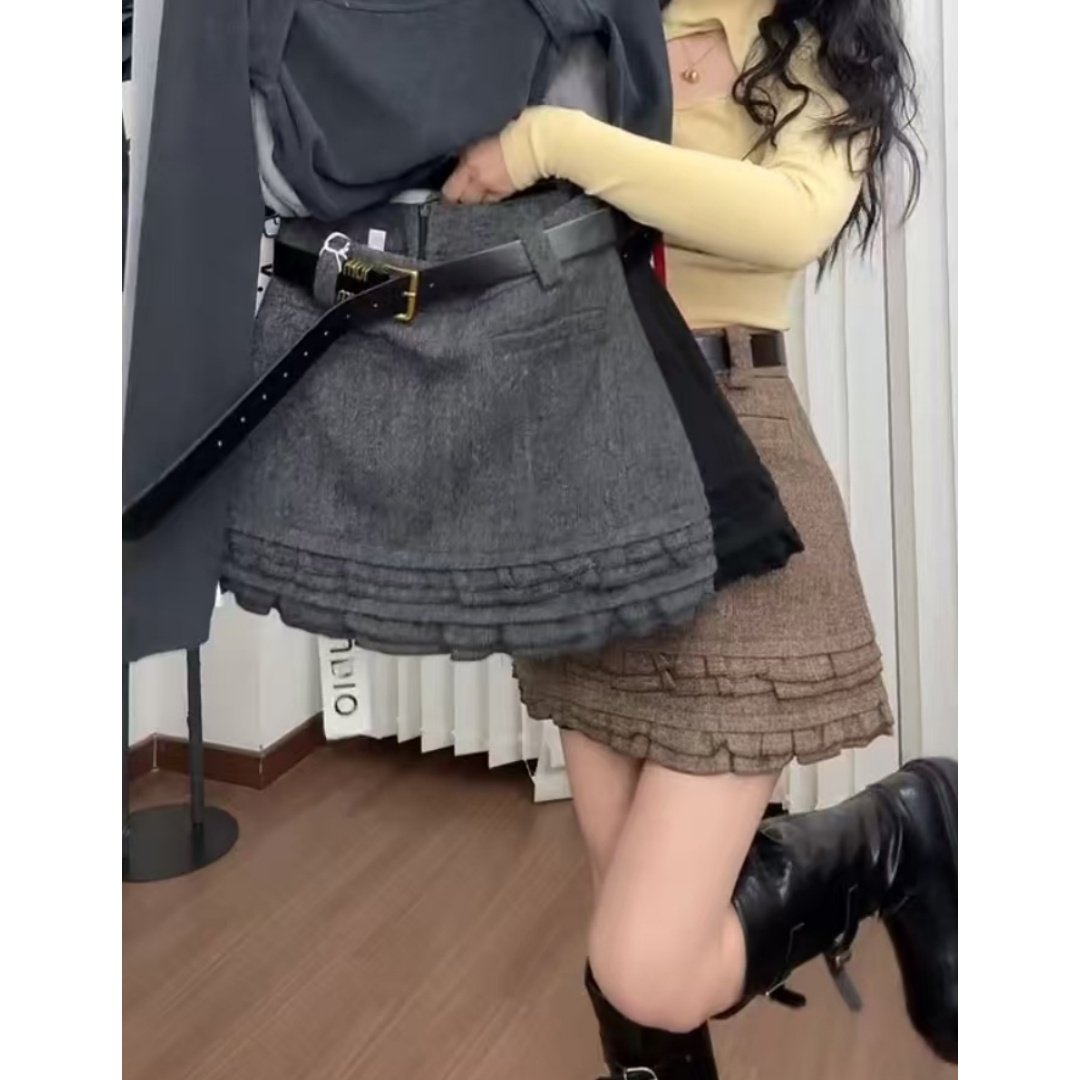 景倩妮韩系木耳边百搭毛呢短裙2024年冬季新款梨形高腰显瘦半身裙,淘宝优惠券,粉丝福利购,淘宝优惠卷