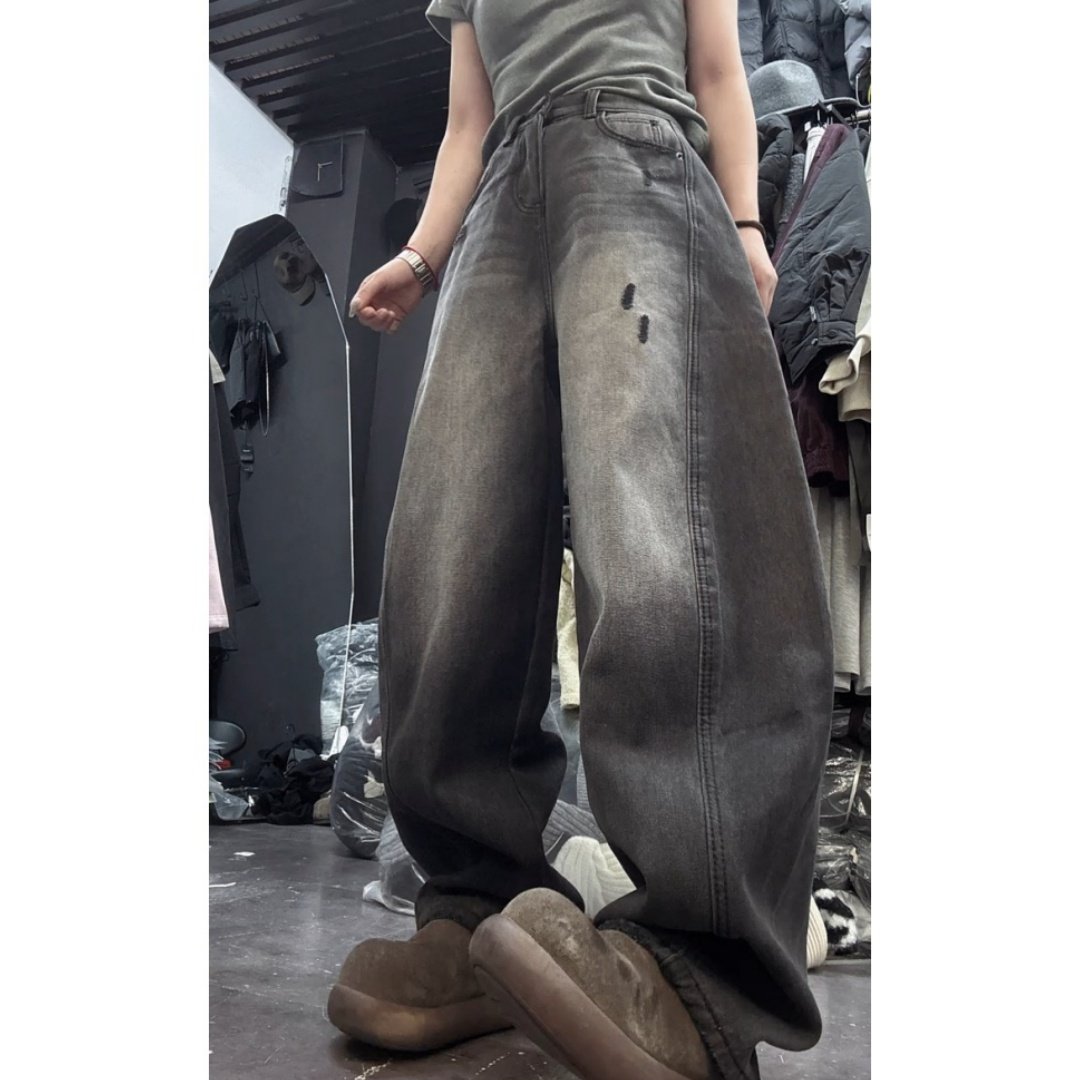 做旧破洞设计弯刀牛仔裤2025年冬季新款加绒显瘦窄版阔腿裤,淘宝优惠券,粉丝福利购,淘宝优惠卷