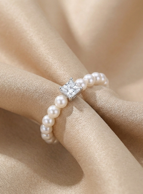 火彩锆石弹力绳澳白色珍珠戒指