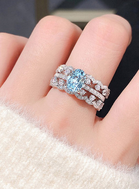 925银蓝屿夏歌】海蓝色高碳钻排戒轻奢小众戒指女叠戴百搭指环