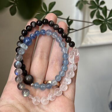 水金天然黑曜石白水晶海蓝宝蓝晶石黑发晶手链多圈手串喜水金