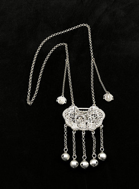 长命富贵 仿古做旧仿老银厚重长命锁毛衣链 旗袍古风古装精致项链