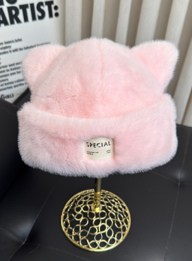 秋冬仿皮草獭兔毛猫耳保暖帽女