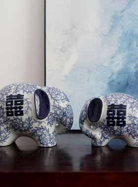 景德镇陶瓷大象喜字床头柜摆件