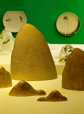 新中式风禅意样板房软装玄关假山