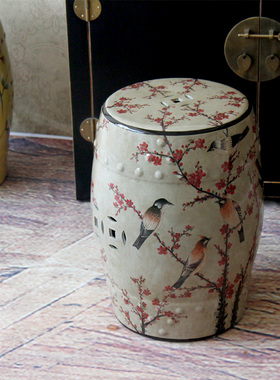 手工梅花中式田园陶瓷凳鼓凳梳妆换鞋凳子鼓墩 美式复古手绘边几