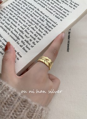 树叶戒指纯银韩国女性